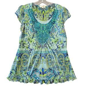 Dressbarn Blue Teal Floral Shirt Studded Lace Scoop Neck Cap Sleeves Women L Top